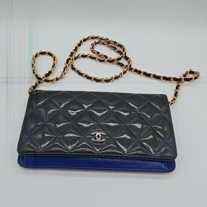 CHANEL Patent Black and Blue Wallet with Gold/Black Chain